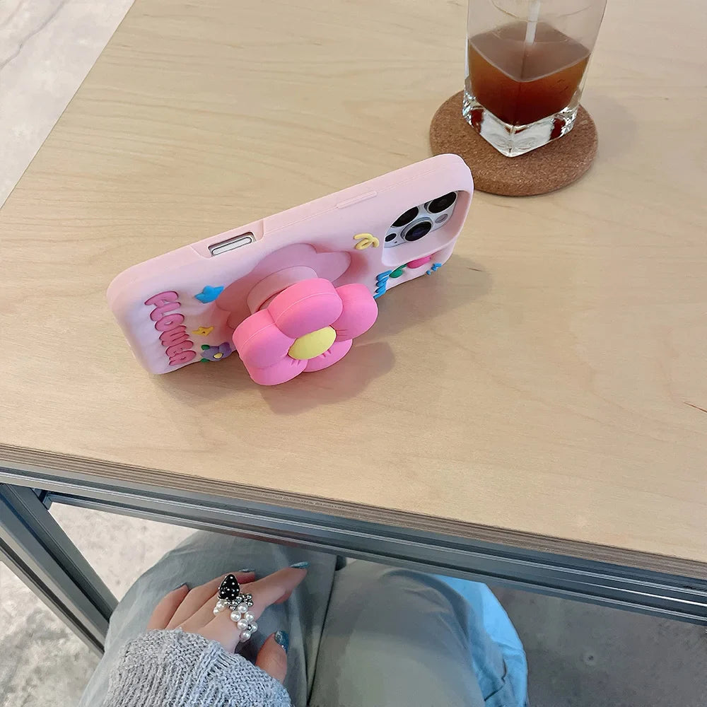 Kawaii 3D Cartoon Rabbit Floral Bracket Soft Silicone Phone Case