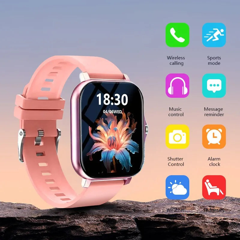 Smartwatch with a pink band on a rocky surface, surrounded by function icons.
