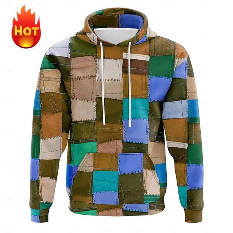 Men's hoodie 3D printed simulation sewing plaid sweatshirts fashion men's clothing