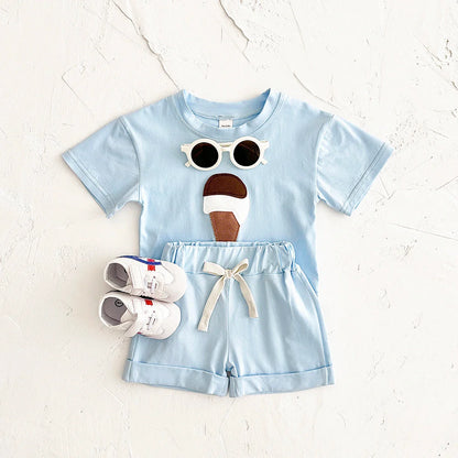 Baby Outfit Set for Newborns -Summer Ice Cream Print round Baby Outfit SeNeck T-shirt Sports Shorts 2PCS  Combo Unisex 0-3 Years