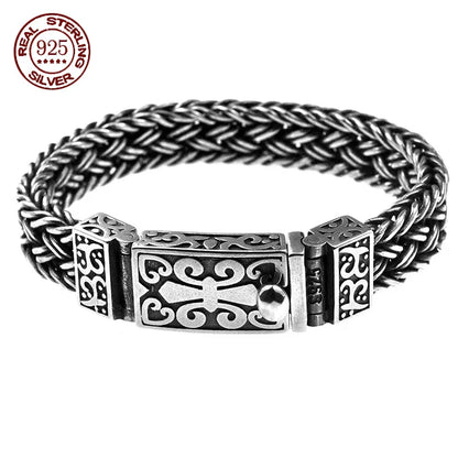 Powerful S925 pure silver vintage pattern woven bracelet, suitable for both men and women, fashionable jewelry gift for everyone
