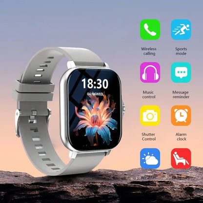 Smartwatch with a gray band on a rocky surface, featuring app icons on a gradient background.