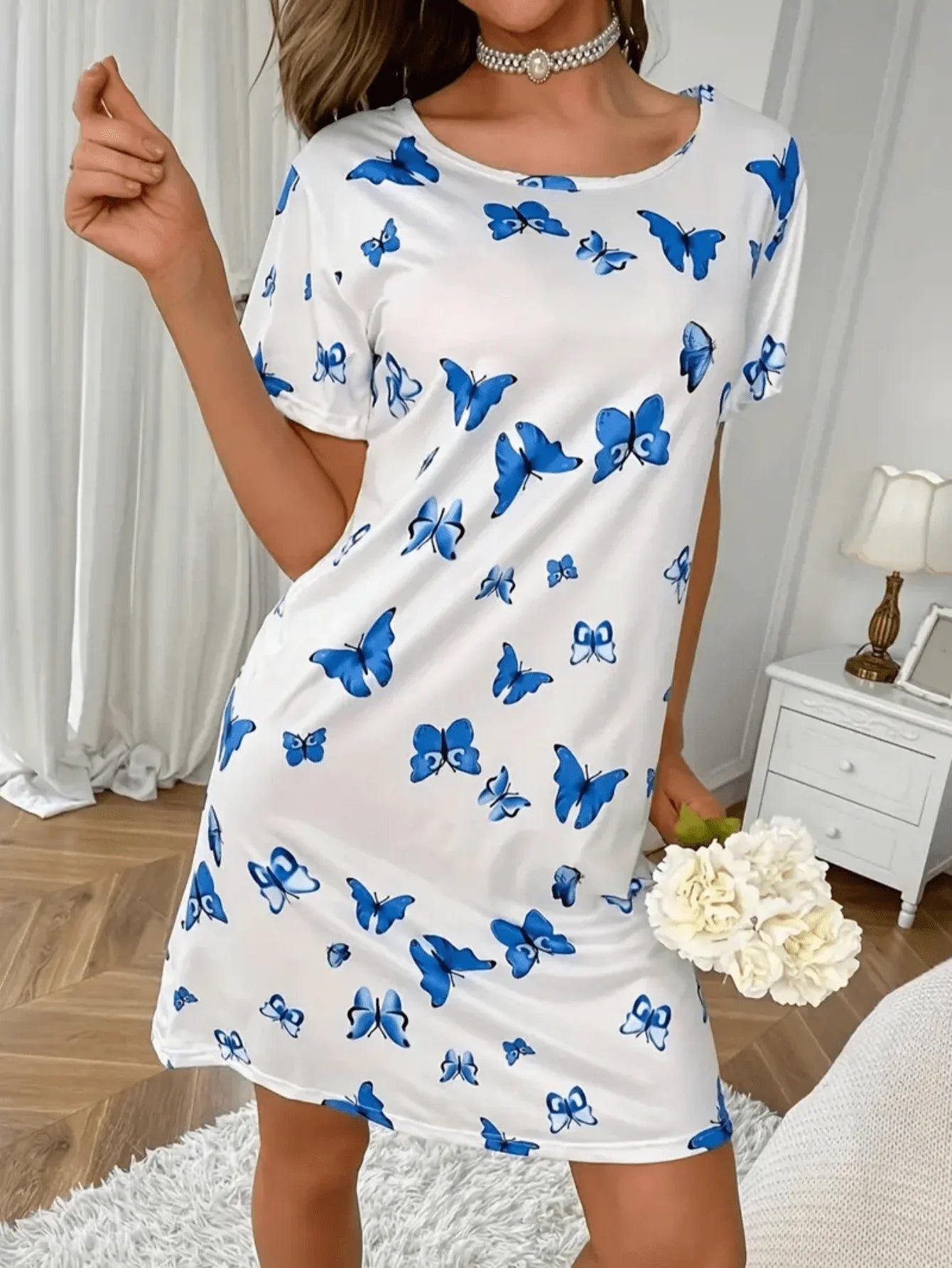 Soft and Casual Butterfly Print Sleepwear Nightgown, Short-Sleeved Loose Women's Loungewear