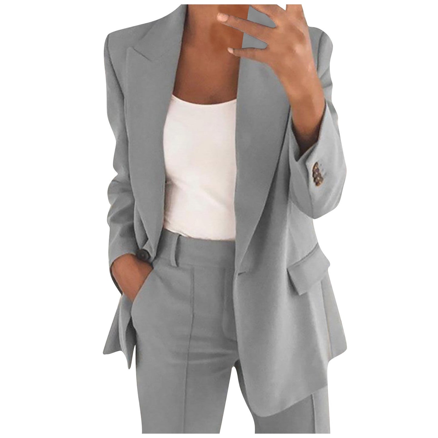 Solid Women's Blazer Coat Notched Long Sleeve Cardigan Button Casual Jacket for Office Ladies