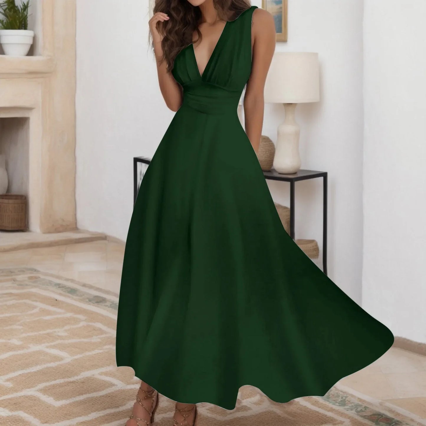 Women's Casual Sundress Solid Color Sleeveless V Neck Side Zipper Long Dress Elegant Sundress