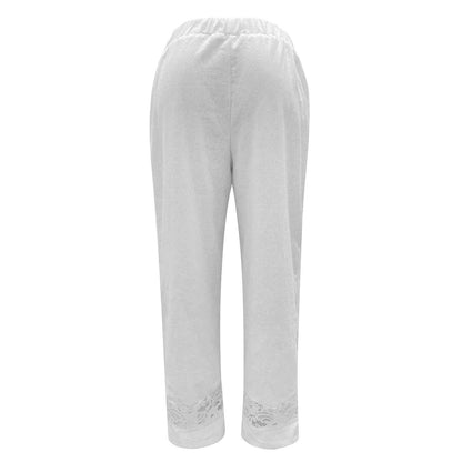 Cropped Loose Pants Women - Streetwear Cotton Lace Casual Pants Elastic Waist Trousers