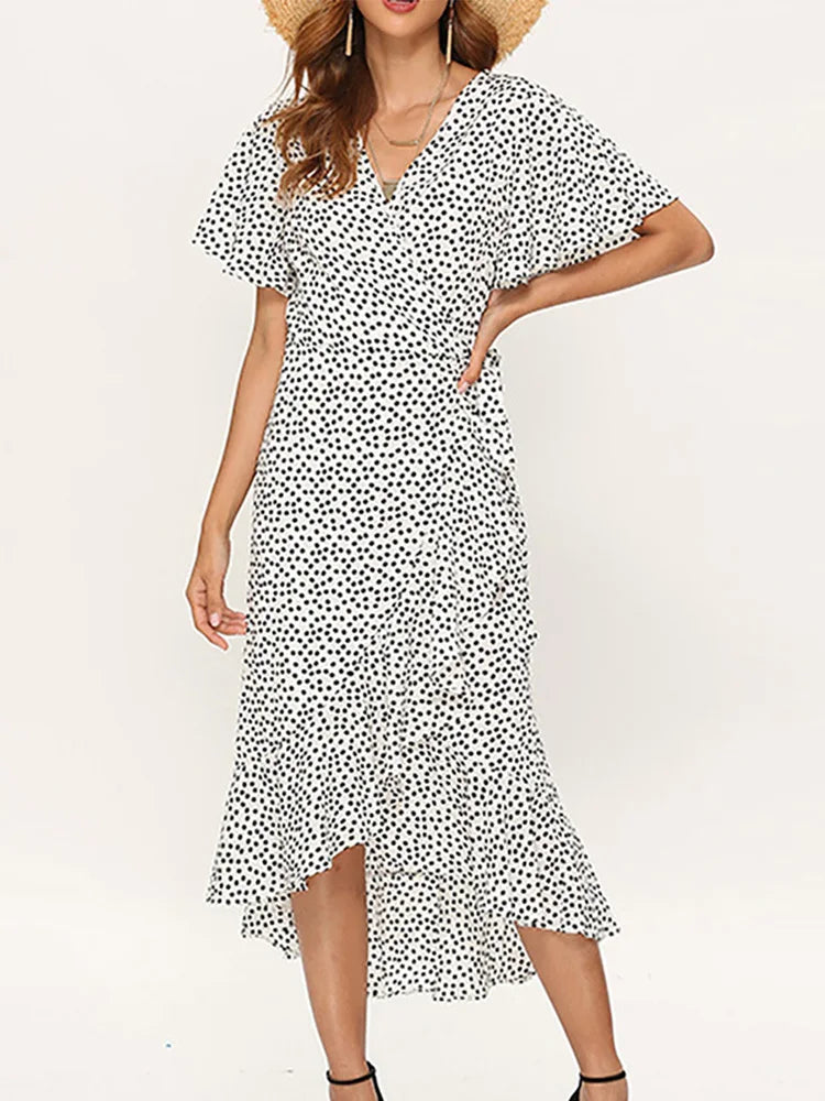 Summer Beach Maxi Dress Women Floral Print Boho Long Chiffon Ruffles Wrap Casual V-Neck Split Sexy Party Robe Femme