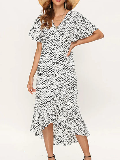 Summer Beach Maxi Dress Women Floral Print Boho Long Chiffon Ruffles Wrap Casual V-Neck Split Sexy Party Robe Femme