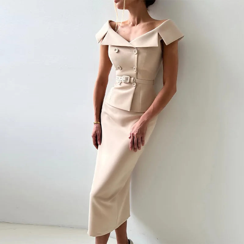 Elegant Midi Skirt Suit Women Double-Breasted Slim Top Belt Hip Package Skirt 2 Piece Outfits