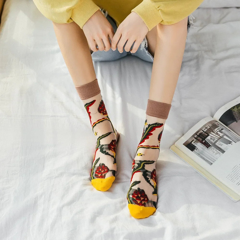 BotaniBabe Sheer Bloom Socks – Embroidered Crystal Silk Socks