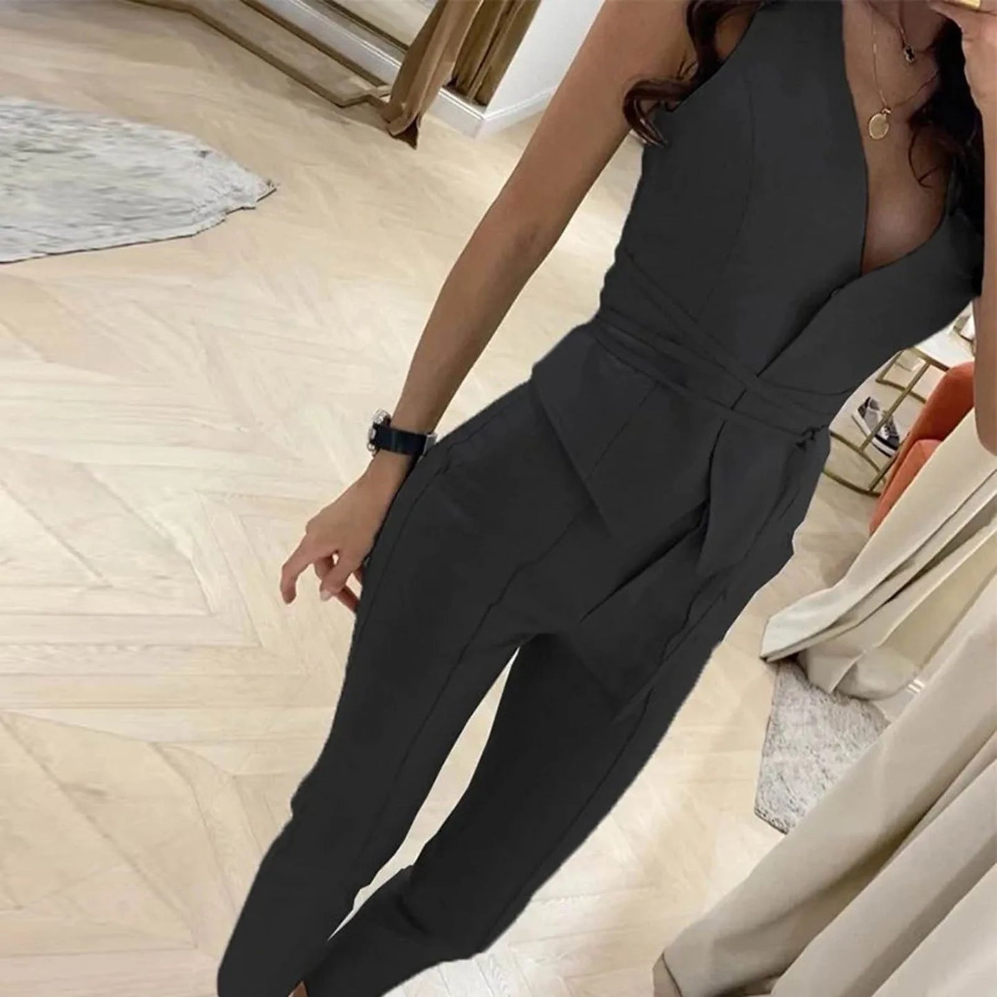 Elegant Pantsuit Set 2 Piece Solid V-Collar Top and Trousers for Women's Fashion Streetwear Summer Outfit