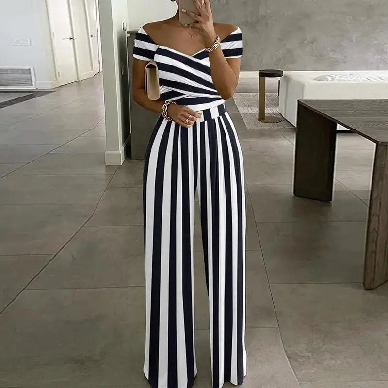 Fashion Printed Off-shoulder Jumpsuit for Women - Casual High-waist Sleeveless One-shoulder Jumpsuit