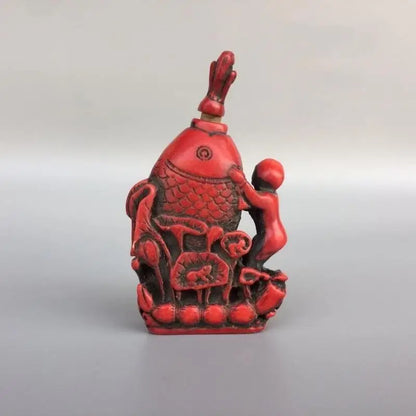 Collectible China Handwork Old Coral Carve Fish & Lotus Auspicious Snuff Bottle