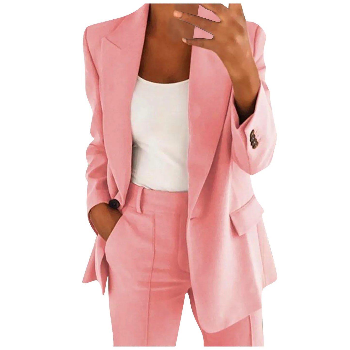 Solid Women's Blazer Coat Notched Long Sleeve Cardigan Button Casual Jacket for Office Ladies