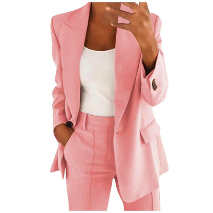 Solid Women's Blazer Coat Notched Long Sleeve Cardigan Button Casual Jacket for Office Ladies