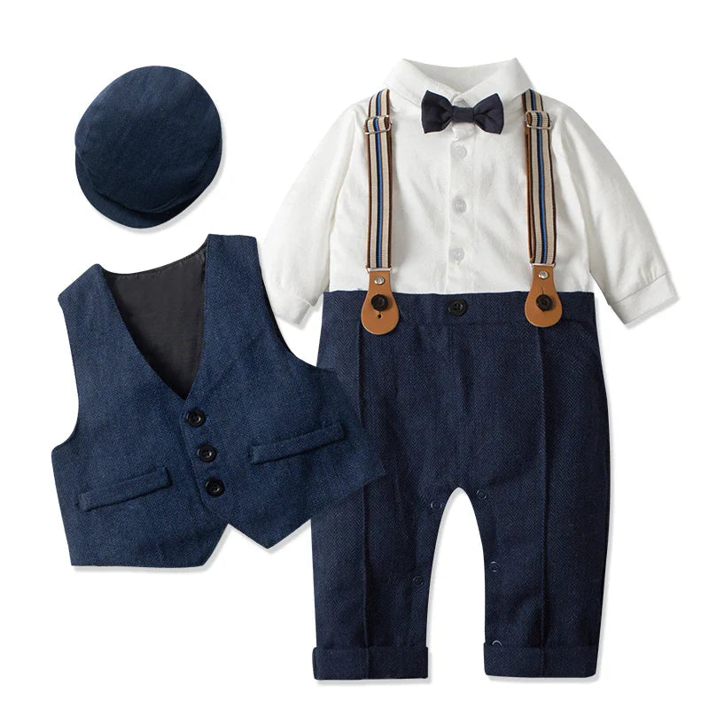 Newborn Boy Formal Clothes Set Infant Boy Gentleman Birthday Romper Outfit With Hat Vest Long Sleeve Infant Jumpsuit Suit Formal