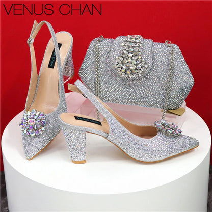 Italian Shoe and Bag Set With Decorated with Rhinestone