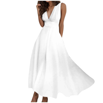 Women's Casual Sundress Solid Color Sleeveless V Neck Side Zipper Long Dress Elegant Sundress