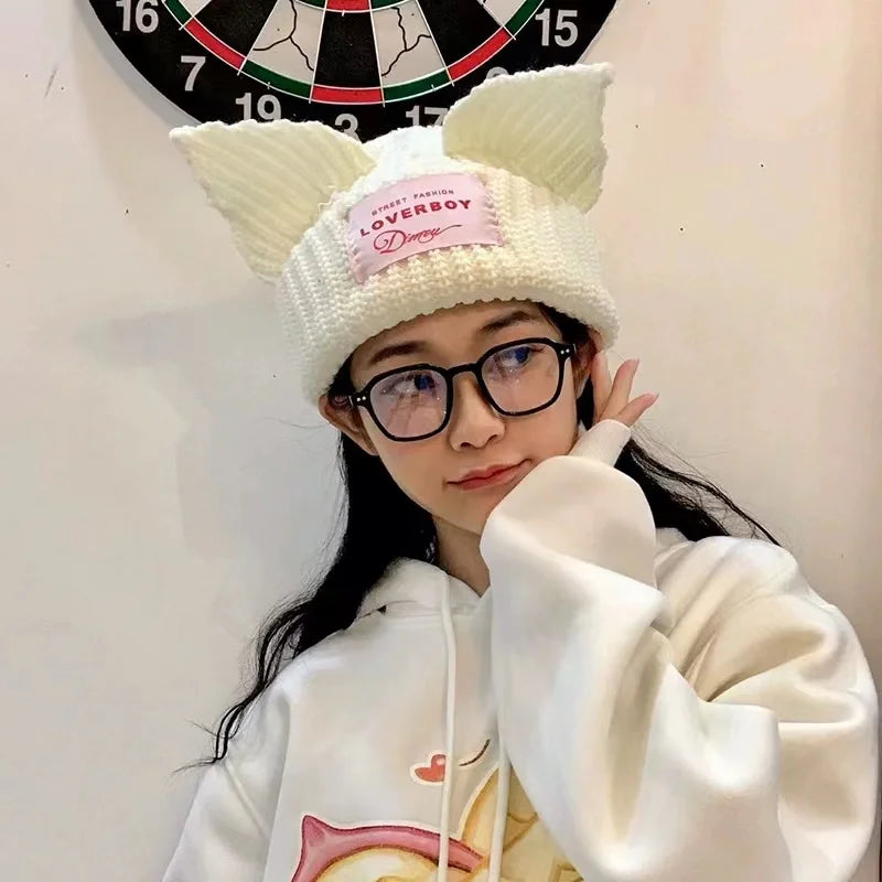 2023 New Long Ear Fox Hat Skullies Beanies Women Cute Rabbit Ears Crochet Knitted Hat Men Winter Hip-hop Warm Cap Christmas Gift