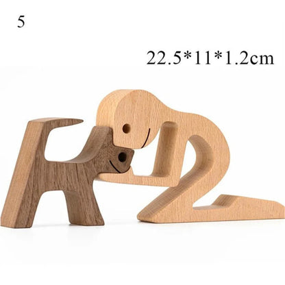 Cute Wood Dog Human Statue Craft Figurine Desktop Table Ornament Carving Model Home Room Decoration Pet Sculpture Christmas Gift