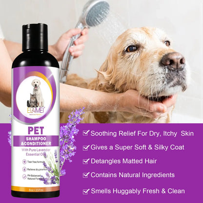 Pet shampoo for dogs, designed to remove stains, care for hair, relieve dryness and itching, eliminate body odor, and nourish th