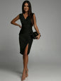 Women Mini Dress Summer Fashion Elegant Sleeveless V Neck High Waist Bodycon Casual Office Party Side Split