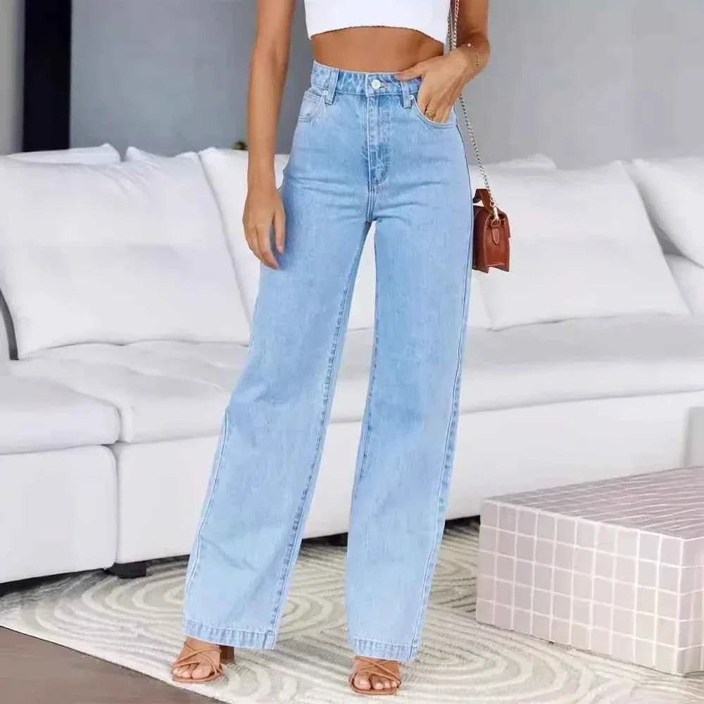 Women's High Waist Straight Leg Women's Jeans Denim Loose Fit with Pockets Wide Leg Basics