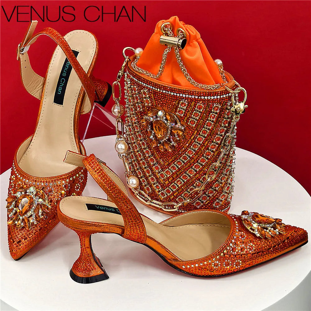 Women Shoes and Bag Set With Rhinestone Handbag