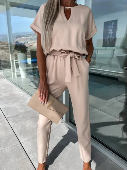 Women's Summer Jumpsuit Solid Color Short Sleeve V-neck Pocket Lace-up Pencil Long Pants