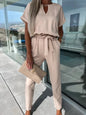 Women's Summer Jumpsuit Solid Color Short Sleeve V-neck Pocket Lace-up Pencil Long Pants