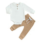 Baby Boy 2 Piece Outfit Solid Color Ribbed Button Long Sleeve Rompers and Elastic Pants Fall Spring Clothes