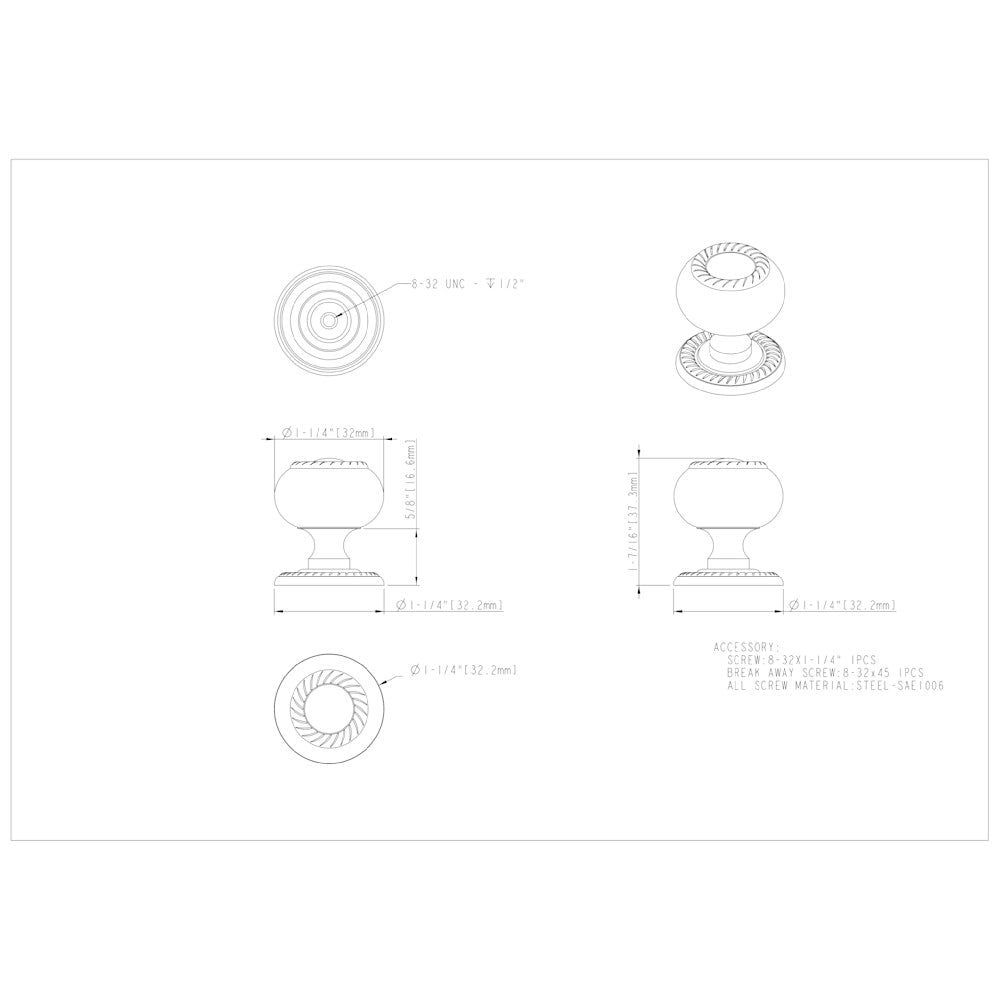 1-1/4" Diameter Satin Nickel Rope Rhodes Cabinet Knob