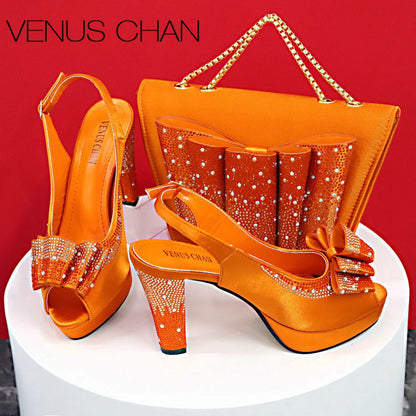 Hot Peep Toe Square Heel Ladies Shoes Matching Bag Set