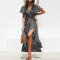 Summer Beach Maxi Dress Women Floral Print Boho Long Chiffon Ruffles Wrap Casual V-Neck Split Sexy Party Robe Femme