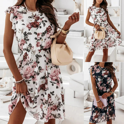 Lace-Up Mini Dress - Chiffon Print Short-Sleeved Ruffled Women's Dress