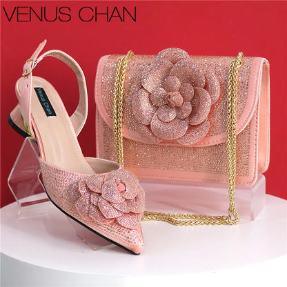 Elegant Lady Shoes And Bag Set with Rhinestone Pearls-knot