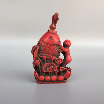 Collectible China Handwork Old Coral Carve Fish & Lotus Auspicious Snuff Bottle