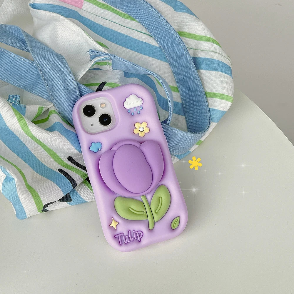 Kawaii Summer Floral Tulip Bracket Soft Silicone Case With Stand Holder Phone Case