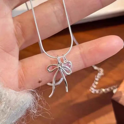 Trendy Harajuku Bowknot Heart Necklace - Vintage Snake Chain for Women Jewelry Gift