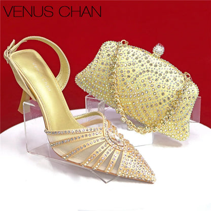 Women's Green Heels and Rhinestone Handbag Set