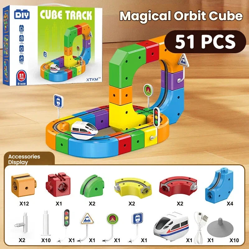 Versatile Rail Race Car Building Set for Kids DIY Race Car Train Traffic Signs STEM Toy for Boys Girls Sensory Puzzle Gift