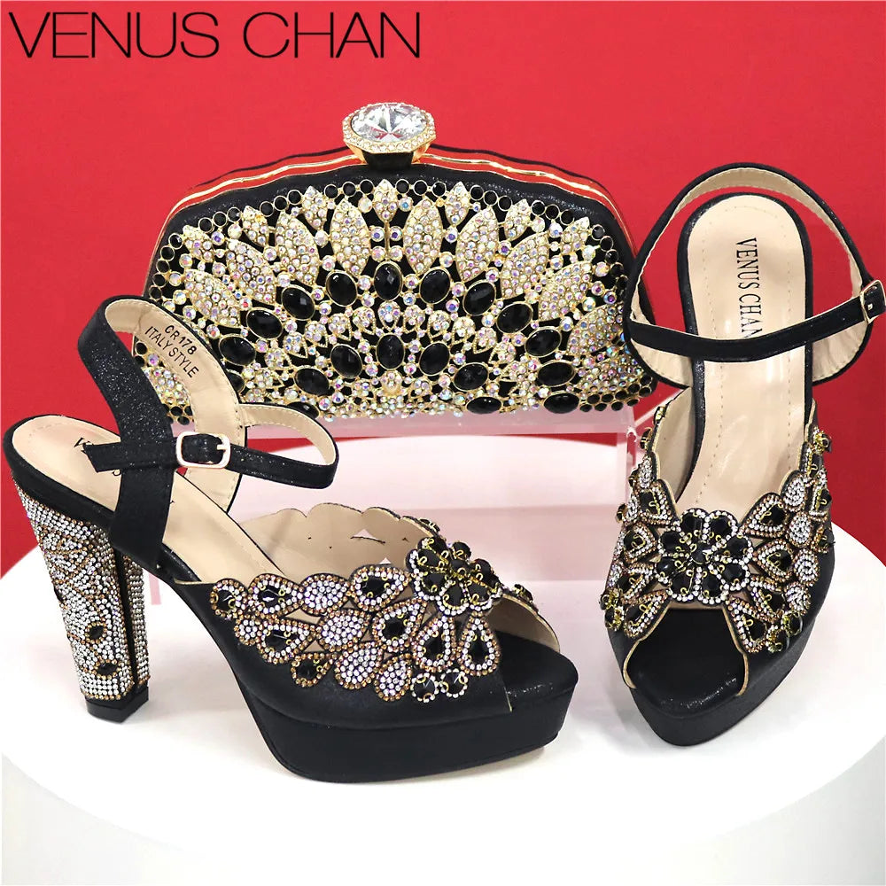 Ladies Leather Shoe and Bag Set Black Color Italian