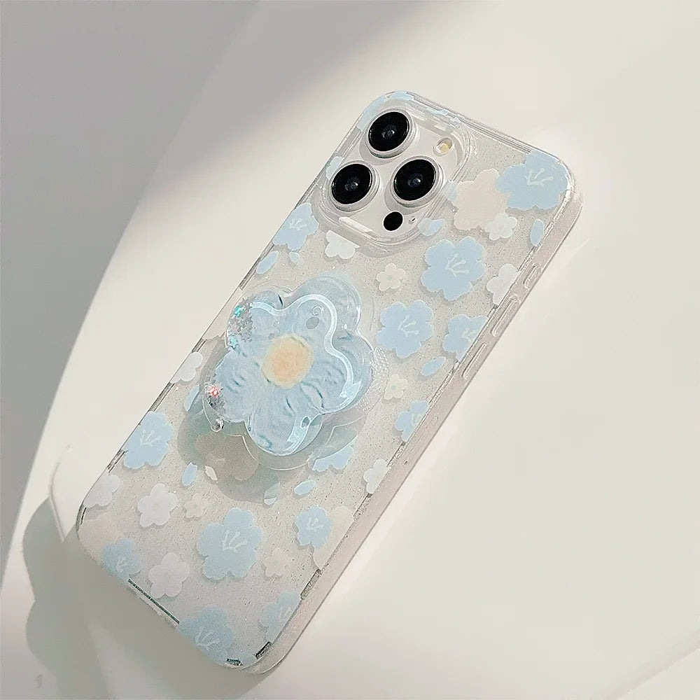 Luxury Clear Glitter Flower With Bracket Holder Phone Case