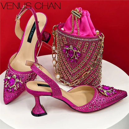 Women Shoes and Bag Set With Rhinestone Handbag