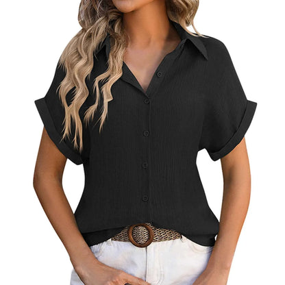 Summer Solid Color Shirts Women Cotton Linen Rolled Up Short Sleeve Slim Fit Tops Mujer Beach Style Leisure Buttons Up Blouse