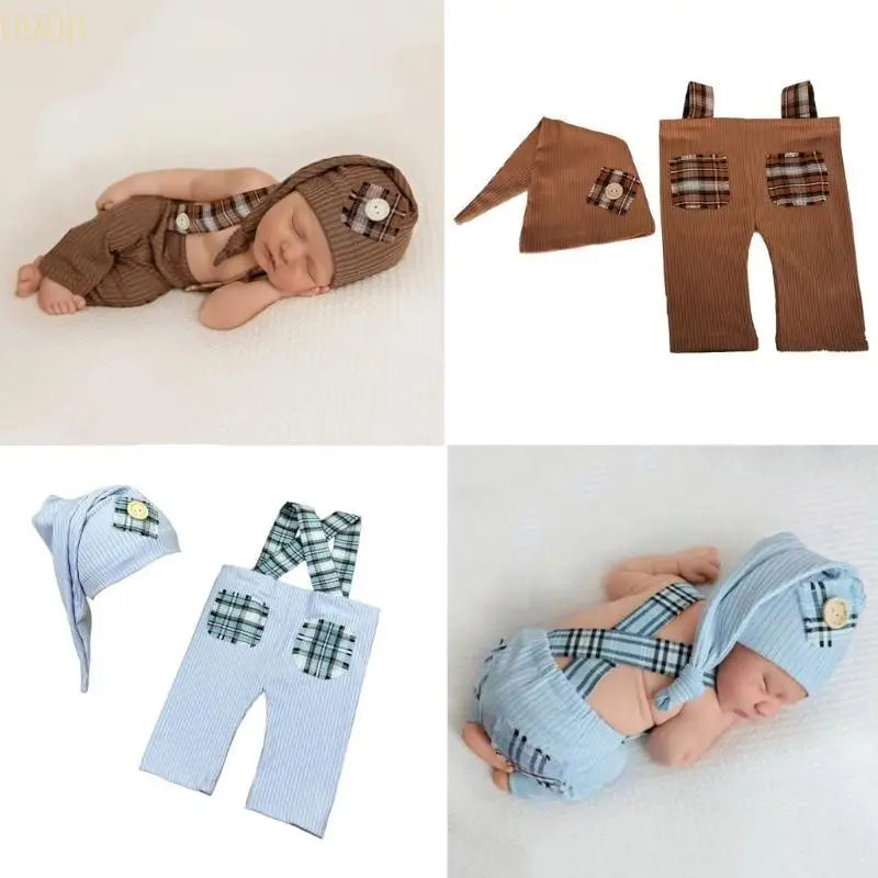 090B Baby Hat Overalls Outfit Newborns Photo Clothes Fashion Photography Props for Infant Photo Costume Clothing