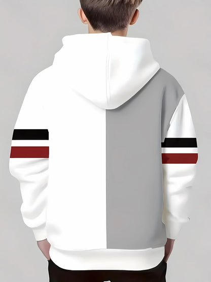 The 2025 autumn new children's casual hoodie with 3D line printing and fashionable color-blocking pullover