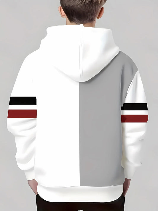 The 2025 autumn new children's casual hoodie with 3D line printing and fashionable color-blocking pullover