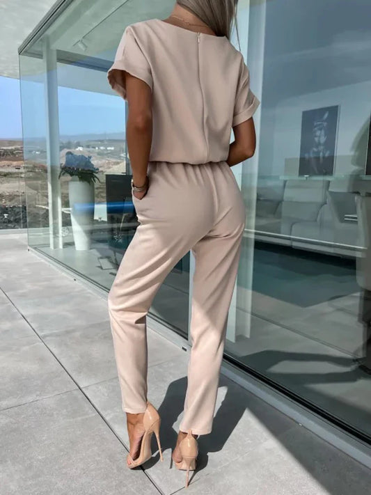 Women's Summer Jumpsuit Solid Color Short Sleeve V-neck Pocket Lace-up Pencil Long Pants