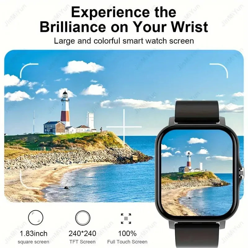 Smartwatch displaying a scenic image of a lighthouse on a watch face with text about screen size and features.